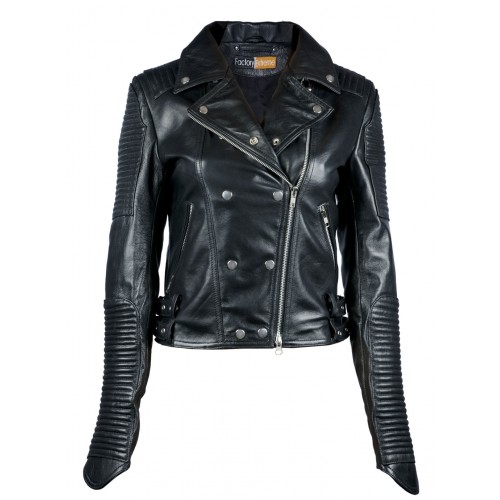 2015 New fashion Quilted Channel Stripes Black Biker Womens Leather Jacket for womens 